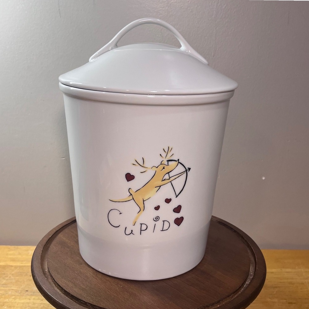 Pottery Barn Reindeer Cupid Ceramic Canister Cookie Jar White Lid 10.5"
